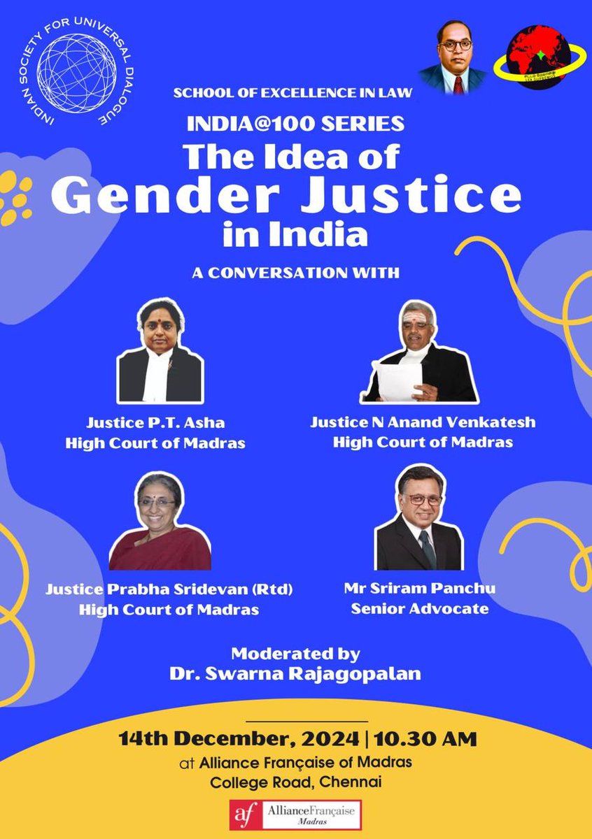 Join us for a #conversation on #Gender Justice at #AFMadras, on 14 December. The Indian Society for Universal Dialogue (ISUD) is pleased to present a thought-provoking conversation on "The Idea of Gender Justice in India." Register here: forms.gle/FBzikqrS8dJr5z…
Open to all! Free!