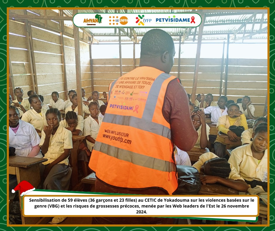 AfriYAN_Camer's tweet photo. Les jeunes s'engagent contre les #VBG !
À #Yokadouma,59 élèves du #CETIC ont été sensibilisés aux risques des VBG et des 🫄précoces lors d'une action menée par les Web Influenceurs de la région de l'Est,le 26 nov.
#PETVISIDAME
#PutYoungPeopleFirst
#Bodyright
#WebInfluenceurEst https://t.co/57snqZcH4Y
