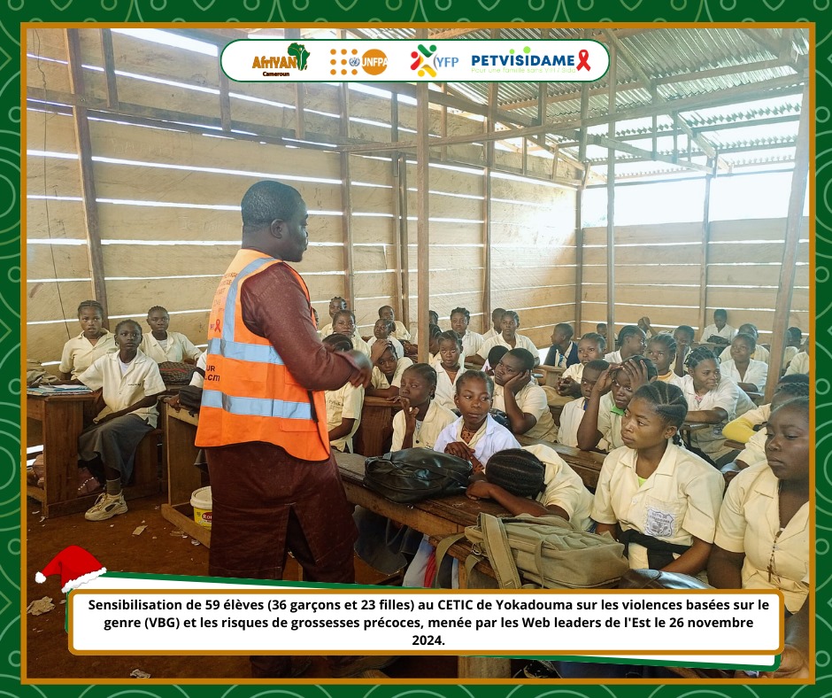 AfriYAN_Camer's tweet photo. Les jeunes s'engagent contre les #VBG !
À #Yokadouma,59 élèves du #CETIC ont été sensibilisés aux risques des VBG et des 🫄précoces lors d'une action menée par les Web Influenceurs de la région de l'Est,le 26 nov.
#PETVISIDAME
#PutYoungPeopleFirst
#Bodyright
#WebInfluenceurEst https://t.co/57snqZcH4Y