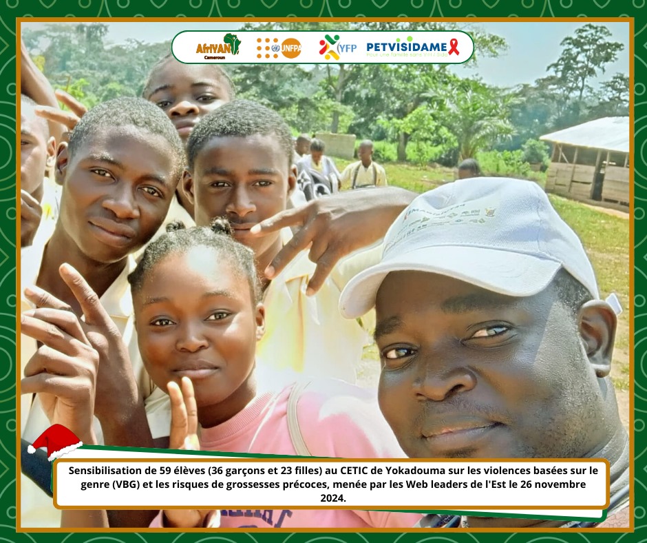AfriYAN_Camer's tweet photo. Les jeunes s'engagent contre les #VBG !
À #Yokadouma,59 élèves du #CETIC ont été sensibilisés aux risques des VBG et des 🫄précoces lors d'une action menée par les Web Influenceurs de la région de l'Est,le 26 nov.
#PETVISIDAME
#PutYoungPeopleFirst
#Bodyright
#WebInfluenceurEst https://t.co/57snqZcH4Y