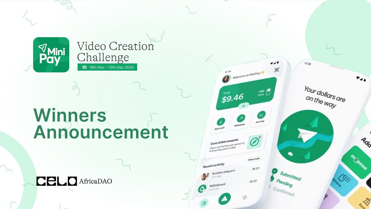 CeloAfricaDao's tweet photo. Week 2 #MiniPayChallenge winners! 🏆 

We are thrilled to announce the winners of the @minipay video challenge!! 

Remember the #MiniPayChallenge is still ongoing, tell a friend to tell a friend to join and also stand a chance of winning prizes too!🎉 https://t.co/vzJygPD9qV
