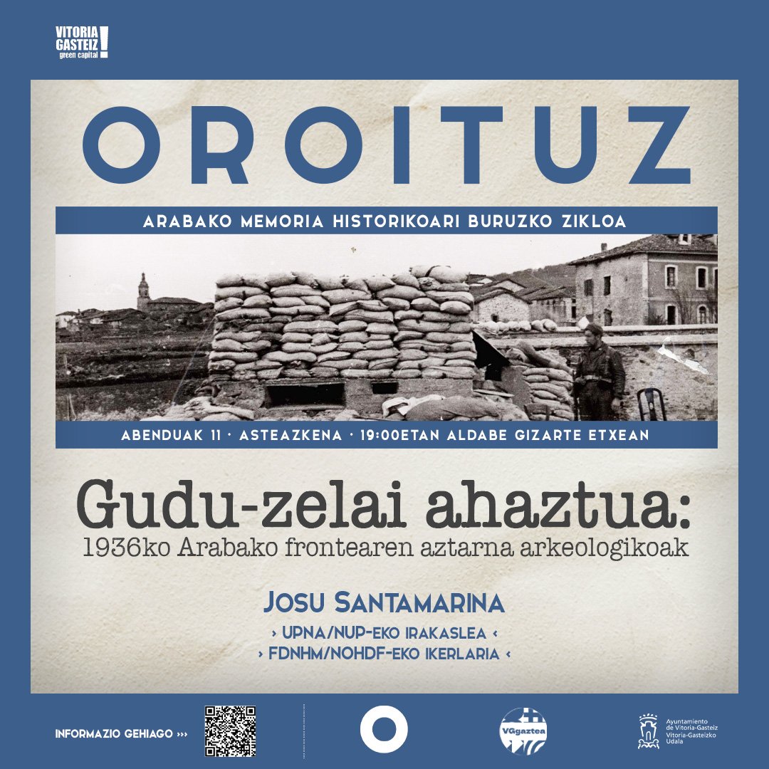 Abenduaren 11n Josu Santamarina (<a href="/SantamarinaJosu/">Josu Santamarina</a>) UPNA/NUP-eko irakasle eta <a href="/memoriaoroimena/">FDMHN-NOHDF</a>-ko ikerlaria izango dugu 'Gudu-zelai ahaztua: 1936ko Arabako frontearen aztarna arkeologikoak' hitzaldiarekin.
19:00etan, Aldabe Gizarte Etxean