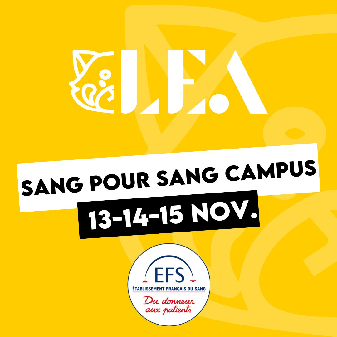 FederationLea's tweet photo. 🌟 La Fédération LEA s’associe à l’événement « Sang pour Sang Campus » 🌟

🩸 Quand ? Du mercredi 13 au vendredi 15 novembre
📍 Où ? Sous chapiteau Campus de Vanteaux, Limoges
Participez à une action solidaire pour les malades ! 🌍 https://t.co/O7AlMrgSc2
