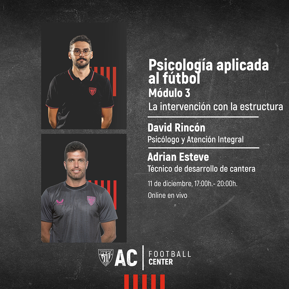 AC|FC - Athletic Club Football Center (@ac_fcenter) on Twitter photo 📚 ¡Doble sesión en ACFC!
🖥️ <a href="/ibonlanda/">ibon Landa Aguirre</a> en el programa de #Metodología: desarrollo de software a medida con el alumnado.
🧠 <a href="/davidrinconiz/">David Rincón</a> <a href="/_AdrianEsteve/">Adrián Esteve</a> en el programa de Psicología
🗓️ 11 de diciembre
💻 Formato: Online
¡Prepárate para un día lleno de aprendizaje! 👌⚽ 📚 ¡Doble sesión en ACFC!
🖥️ <a href="/ibonlanda/">ibon Landa Aguirre</a> en el programa de #Metodología: desarrollo de software a medida con el alumnado.
🧠 <a href="/davidrinconiz/">David Rincón</a> <a href="/_AdrianEsteve/">Adrián Esteve</a> en el programa de Psicología
🗓️ 11 de diciembre
💻 Formato: Online
¡Prepárate para un día lleno de aprendizaje! 👌⚽