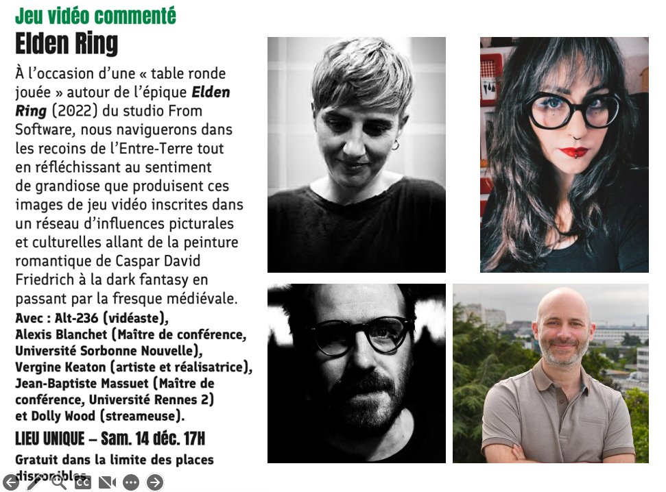 Elden Ring X <a href="/whatisalt236/">Alt236</a> X <a href="/_DollyWood_/">✞ Dolly go Bsky ✞</a> X Vergine Keaton, c'est le samedi 14 décembre à 17h à Nantes au Lieu Unique et j'aurais le plaisir d'animer cette rencontre qui fait suite à notre Wind Waker X Céline Sciamma de l'année passée.
Réservation sur nefanimation.fr/extranimation-…