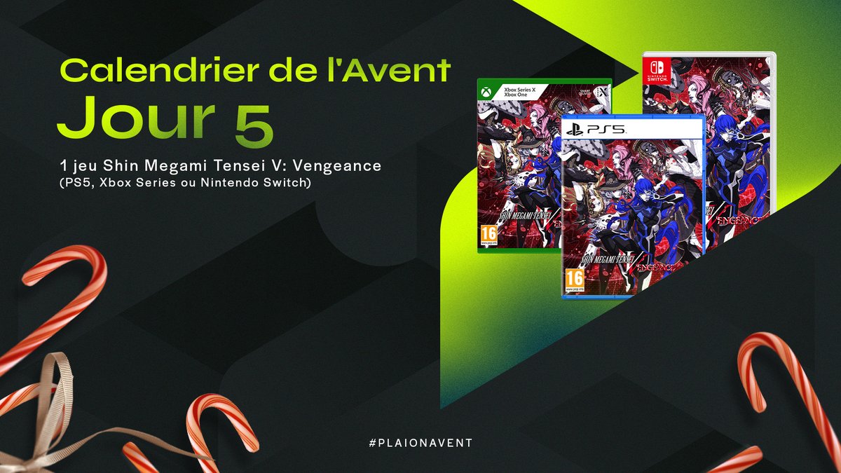 🎁 #PLAIONAvent - Jour 5 🎁

Dictez le destin de l'univers dans #ShinMegamiTenseiV: Vengeance!

Pour remporter un jeu:
✅ Follow <a href="/PLAION_FR/">PLAION France 🎮</a>
🔁 RT ce post
✍️Commentez avec votre plateforme (PS5, Switch ou Xbox Series)

3 gagnants
TAS le 16/12

#SMTV #CalendrieredelAvent #Concours