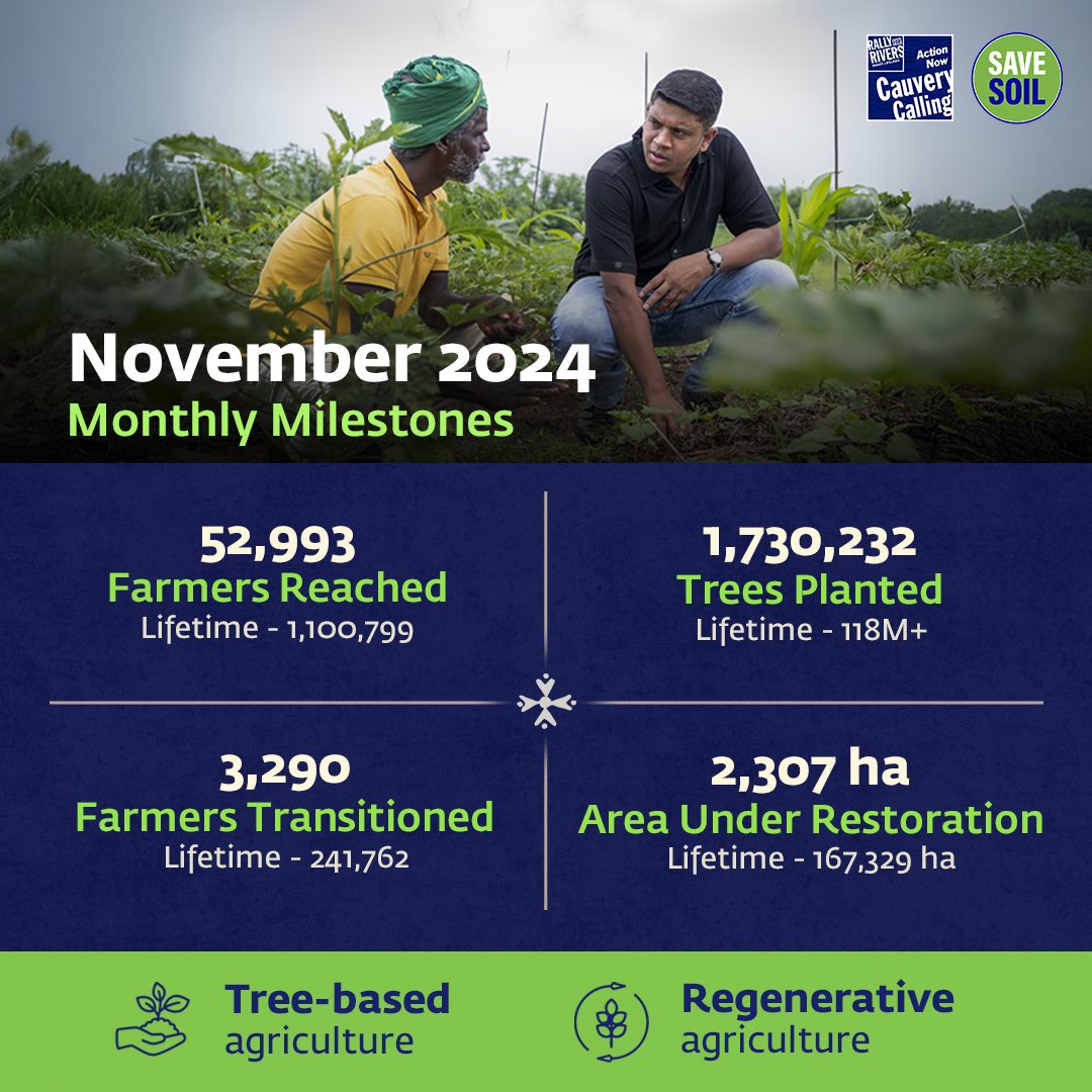 cpsavesoil's tweet photo. 🌱 Discover the transformative impact of Save Soil's on-ground efforts -- #CauveryCalling and #SaveSoil Thaaimann Kaakkum Vivasaayam 🌎

This November, Save Soil reached 52,993 farmers and helped transition 3290 farmers to sustainable practices. This enabled the planting of 1,730,232 trees and brought 2307 hectares of land under potential restoration.

#WorldSoilDay #SaveSoilSecureFuture #CauveryCalling #COP16 #COP16Riyadh #OurLandOurFuture