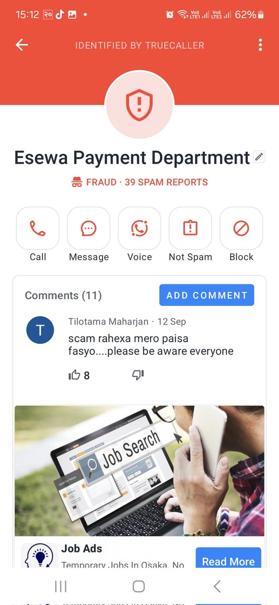 shishirmuga's tweet photo. Scam Alert..!!
 मेरो इसेवा एकाउन्टले रु.९,५००। बोनस पाउने भएको छ,दावी गर्न Whatsapp मा विभिन्न Steps follow गरेर दावी गर्न अनलाइन आउनुस् भनेर यस्तो नम्बरबाट call आएको छ। यो ठगीको एउटा नयाँ तरिका हो! यसबाट सबै बचौं। @NepalPoliceHQ  
@eSewaNepal https://t.co/IPYJa4wgKG
