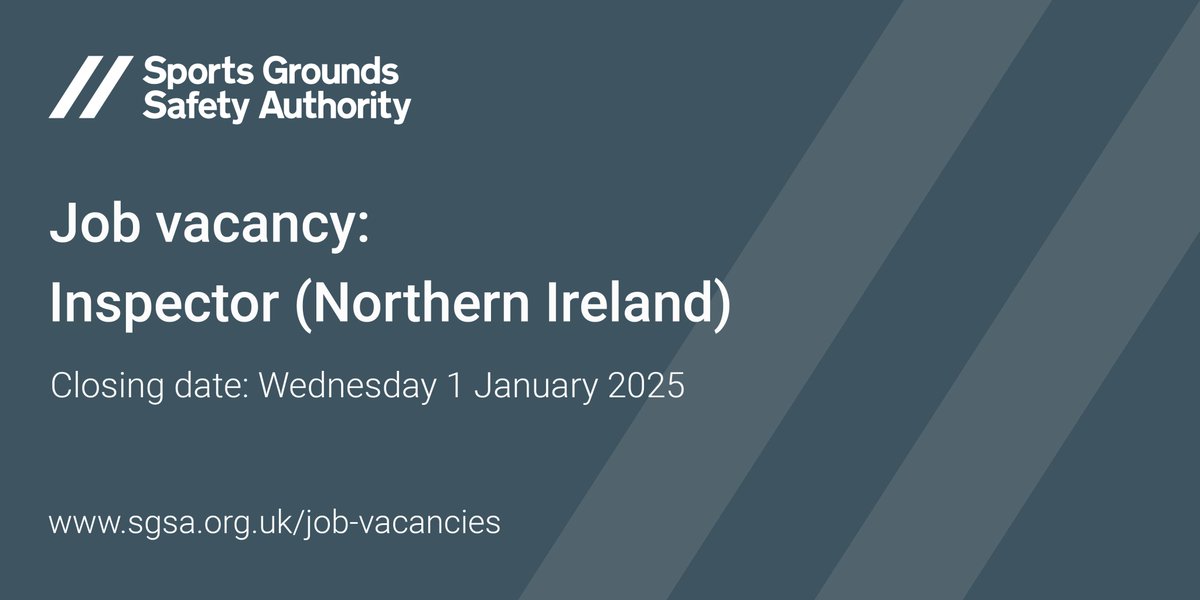 JOB VACANCY: Inspector (Northern Ireland)

This role will support and assist clubs, local authorities and partner organisations to help maintain high levels of spectator safety within Northern Ireland.

Closing date:  1 Jan 2025
For more information visit: sgsa.org.uk/about-us/worki…