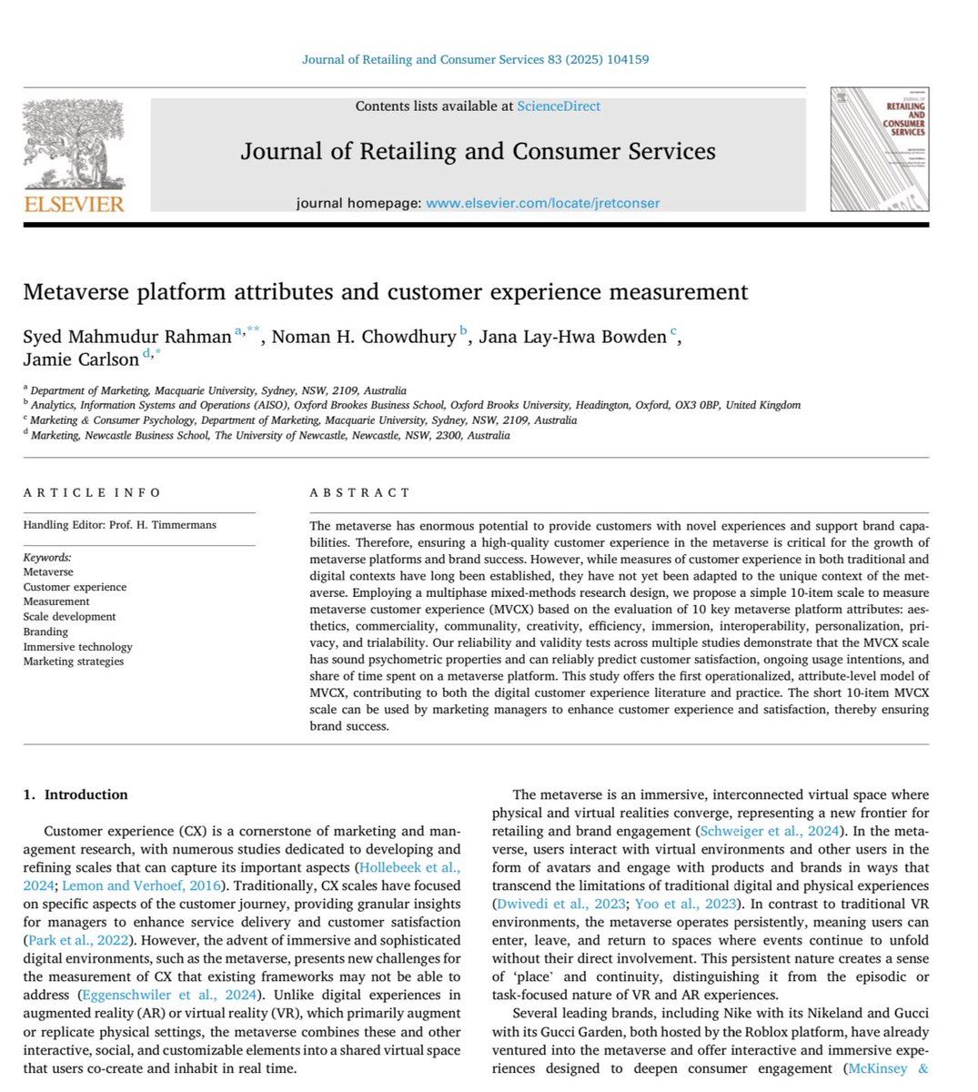 jamie007carlson's tweet photo. 🚨NEW RESEARCH🚨: 'Metaverse platform attributes and customer experience measurement’ coauthored with @smr856 @ProfConsumers 🔬Read about our framework here: https://t.co/V4AE9M6Jho 

@Uni_Newcastle #Metaverse #consumerbehaviour #marketing #CX #branding https://t.co/MGtXWbXEWX