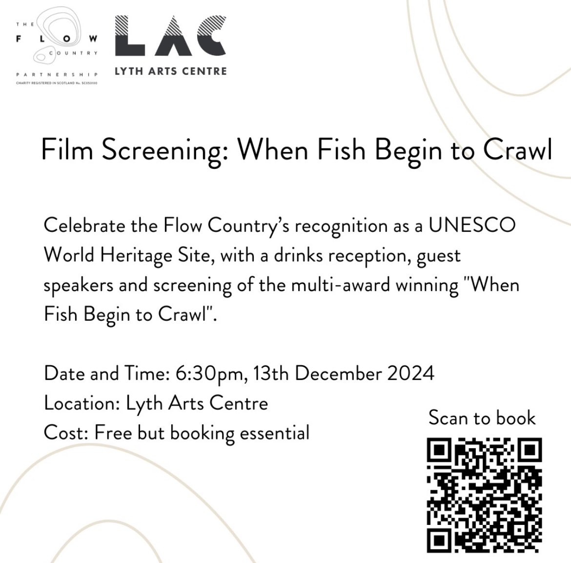 The Flow Country (@theflowcountry) on Twitter photo ⭐️Tickets now available ⭐️
Celebrate The Flow Country World Heritage Site with a screening of “When Fish Begin to Crawl” on Friday 13th December at <a href="/LythArtsCentre/">Lyth Arts Centre</a>!
Booking essential - lytharts.org.uk/event/flow-cou…
#TheFlowCountry #Caithness #Sutherland ⭐️Tickets now available ⭐️
Celebrate The Flow Country World Heritage Site with a screening of “When Fish Begin to Crawl” on Friday 13th December at <a href="/LythArtsCentre/">Lyth Arts Centre</a>!
Booking essential - lytharts.org.uk/event/flow-cou…
#TheFlowCountry #Caithness #Sutherland