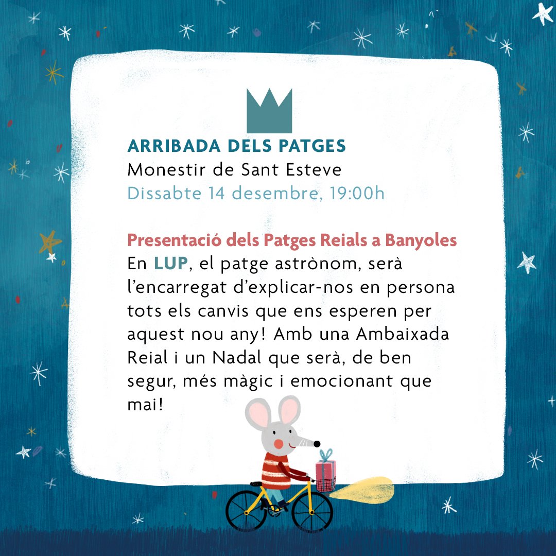 ✨ ARRIBADA DELS PATGES ✨

🔜El dissabte 14 de desembre a les 7 de la tarda en Lup, el patge astrònom, arriba a Banyoles per explicar totes les novetats d'aquest any!

❗️Recordeu, aquest any l'arribada serà a les 7 de la tarda, al Monestir de Sant Esteve 📍