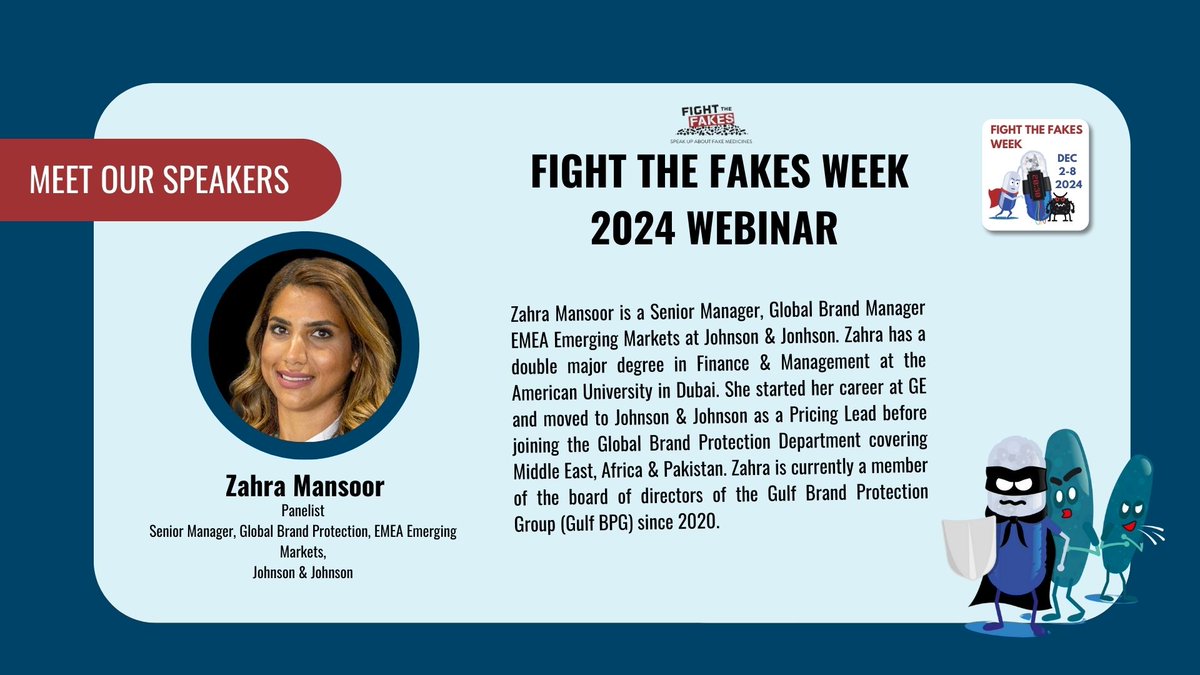 Fight the Fakes Alliance (@fightthefakes) on Twitter photo Meet our speaker Zahra Mansoor, Senior Manager, Global Brand Protection, EMEA Emerging Markets, <a href="/JNJNews/">Johnson & Johnson</a>.
đź“… Thursday, 5 December 2024
⏰ 15:00 – 16:00 CET
Register TODAY👉 bit.ly/4hL1uKw
#StopFakeMeds #FightTheFakes #FTFweek #FakeMeds Meet our speaker Zahra Mansoor, Senior Manager, Global Brand Protection, EMEA Emerging Markets, <a href="/JNJNews/">Johnson & Johnson</a>.
đź“… Thursday, 5 December 2024
⏰ 15:00 – 16:00 CET
Register TODAY👉 bit.ly/4hL1uKw
#StopFakeMeds #FightTheFakes #FTFweek #FakeMeds