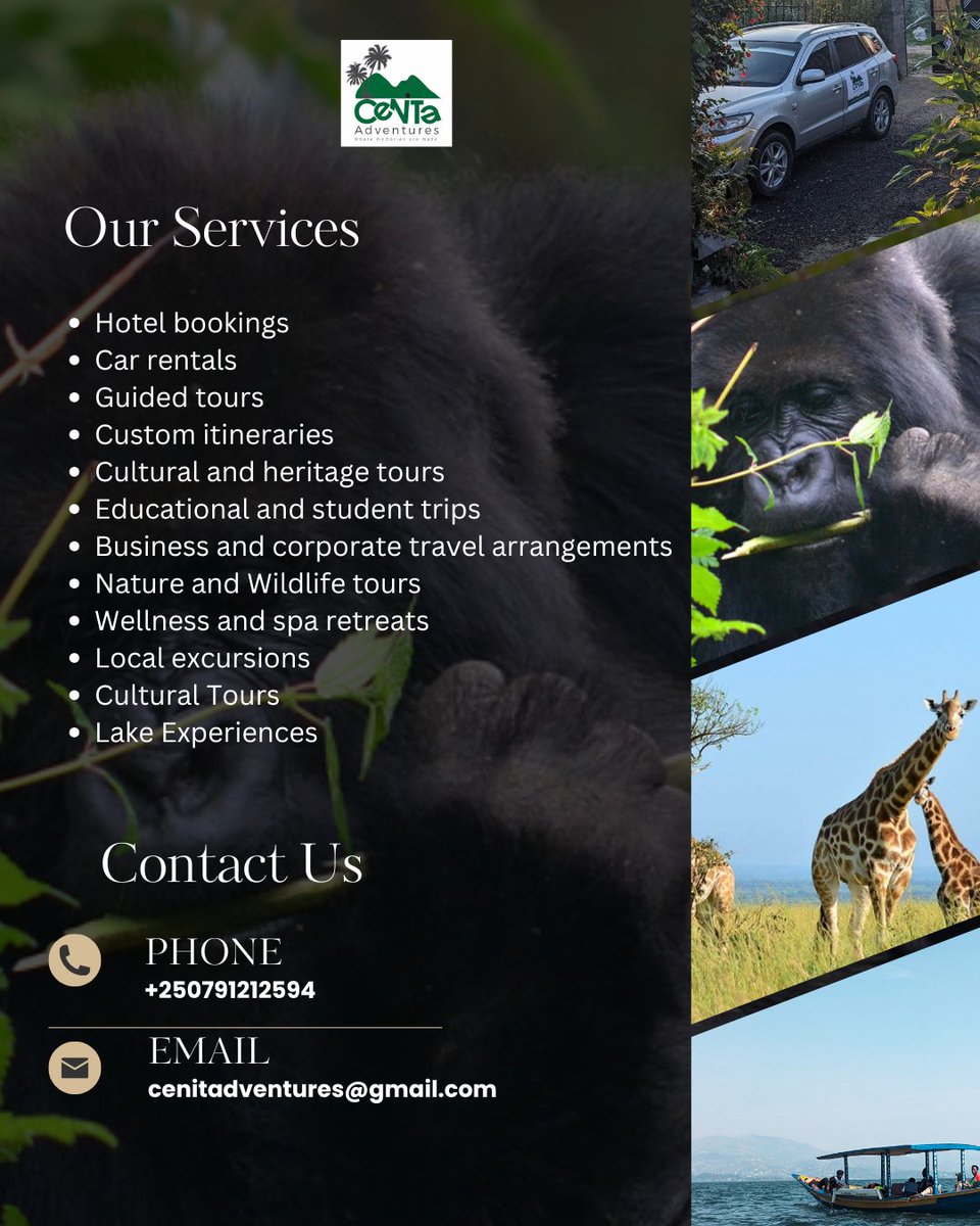 CENITAdventure's tweet photo. Book your trip to Rwanda with Cenita Adventures! From wildlife safaris to cultural tours, and lake escapes, we’ve got everything to make your trip unforgettable.

Contact us today:

📞 +250791212594
✉️ cenitadventures@gmail.com https://t.co/q48NljYFAj