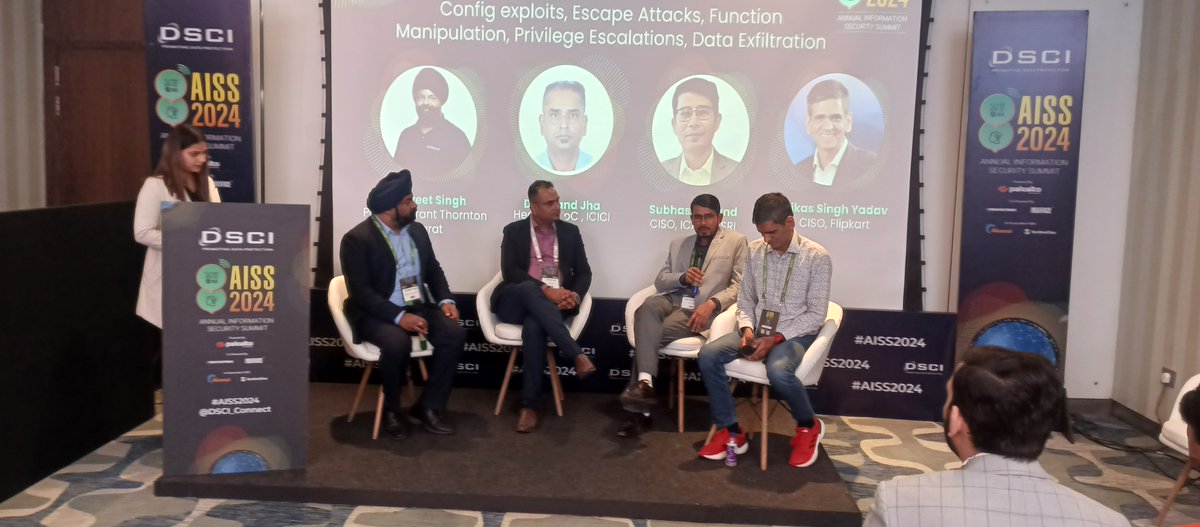 DSCI_Connect's tweet photo. #TrackSession | During an interactive session on “Cloud Attack Vectors: Config Exploits, Escape Attacks, Function Manipulation, Privilege Escalations, Data Exfiltration,” at #AISS2024 the panel enlightened the audience on how the cloud has evolved into a supportive rather than disruptive technology, now enabling agility and resiliency for emerging technologies like AI. 

They emphasized that a key strategy for securing the cloud involves focusing on an essential triad: understanding the core technology and its integration into the cloud environment, identifying the team to be engaged, and defining the objectives along with the time frame.

The Speakers:
-Jaspreet Singh, Partner, @GrantThorntonIN
-Subhash Chand, CISO, @icarindia 
-Vikas Singh Yadav, CISO, @flipkart_tech 
-Anand Jha, Head of SoC, @ICICIBank