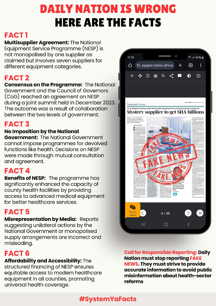mcmwangi56's tweet photo. Multi-Supplier Clarity
The National Equipment Service Programme (NESP) involves 7 suppliers, not one. Misrepresentation of facts undermines progress in healthcare reforms. #AccurateReporting
#DailyNationIsWrong
System Ya Facts https://t.co/TlFX9UN2XW