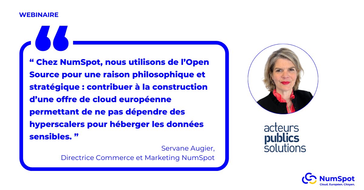 [Replay Webinaire <a href="/acteurspublics/">acteurs publics</a>]

Acteurs du #SecteurPublic, découvrez comment des services #Cloud développés autour de l’#OpenSource peuvent répondre à vos enjeux en conciliant sécurité des données, souveraineté numérique et innovation technologique.👇

numspot.com/cas_usage/open…