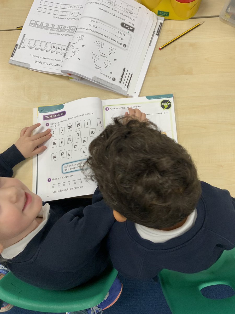 Gorsefield's tweet image. 1P are practising counting on with partners to help us find 1 more with numbers to 20 #LearningWithoutLimits #PowerMaths