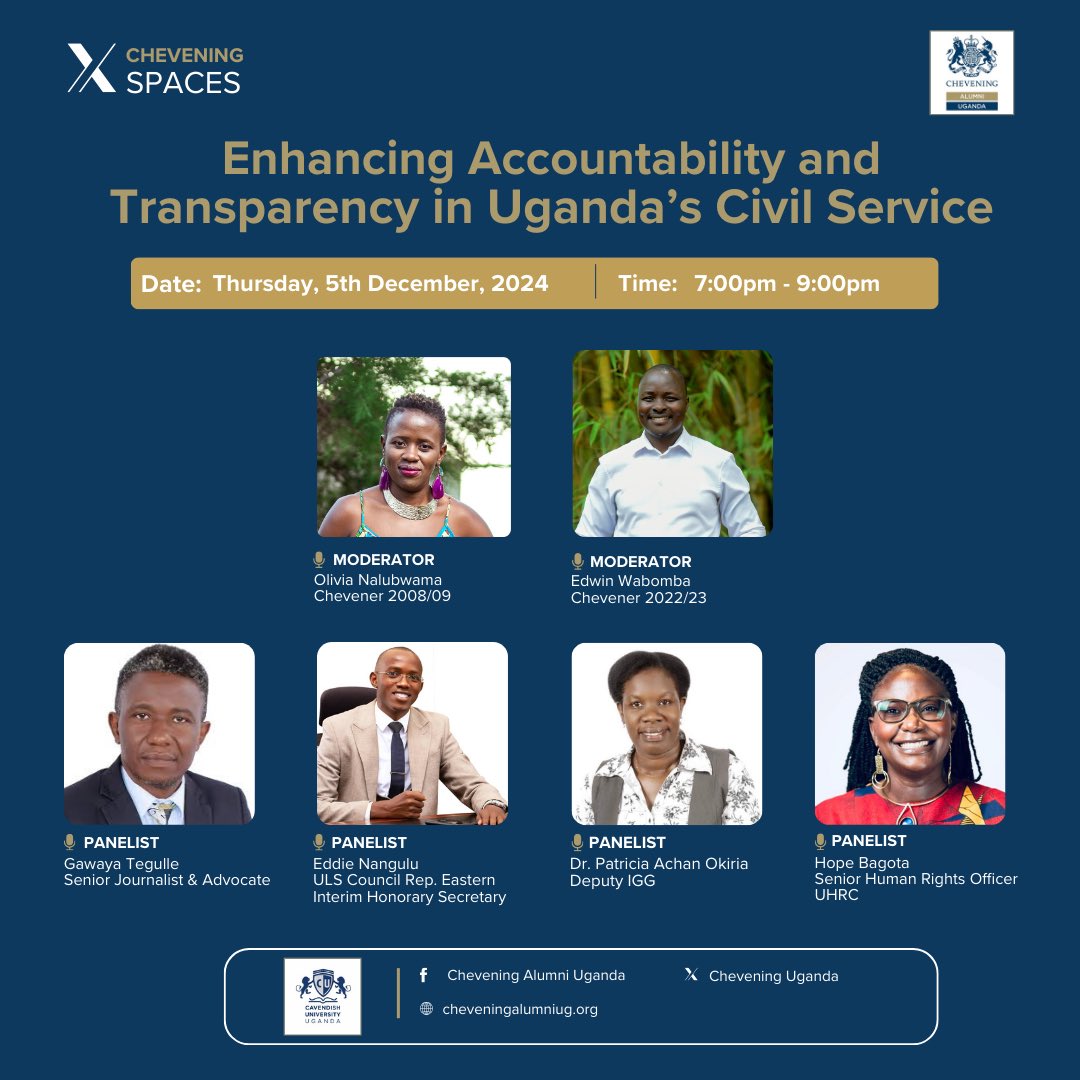 The long-awaited day is here!

Join us today at 7 pm for an insightful discussion featuring our distinguished panelists, who will explore the vital topic of “Enhancing Accountability and Transparency in Uganda’s Civil Service.” 

#ShapingLeadership
#CheveningAlumni 
#Governance
