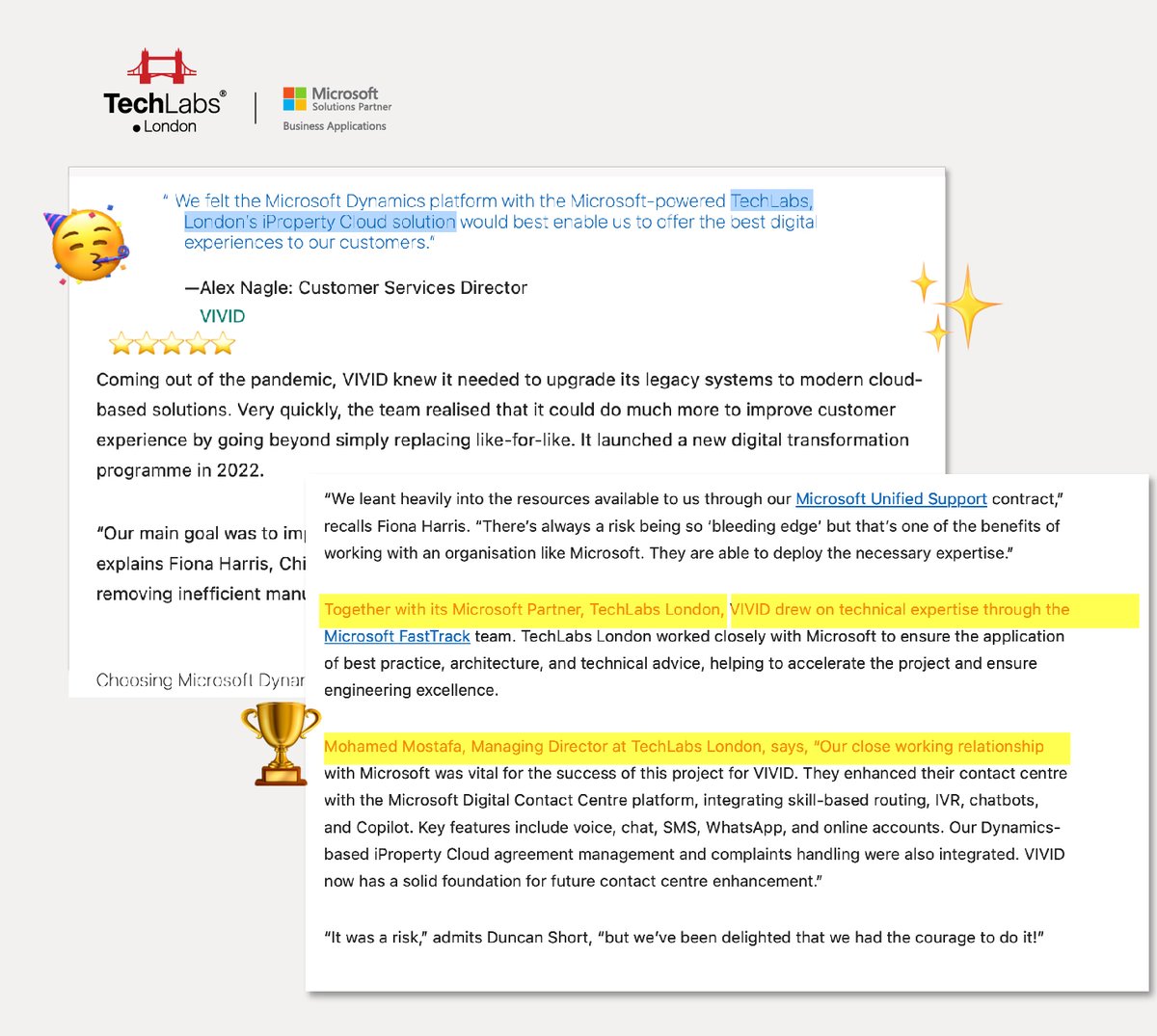 TechLabsLondon's tweet image. Exciting news! Our fantastic success story with @WeAreVIVIDhomes is now published as a Global Microsoft story 🎉Using our Microsoft-powered, @iPropertyCloud transforming their business including their Contact Centre and several other functions. Full story bit.ly/49lVfZU