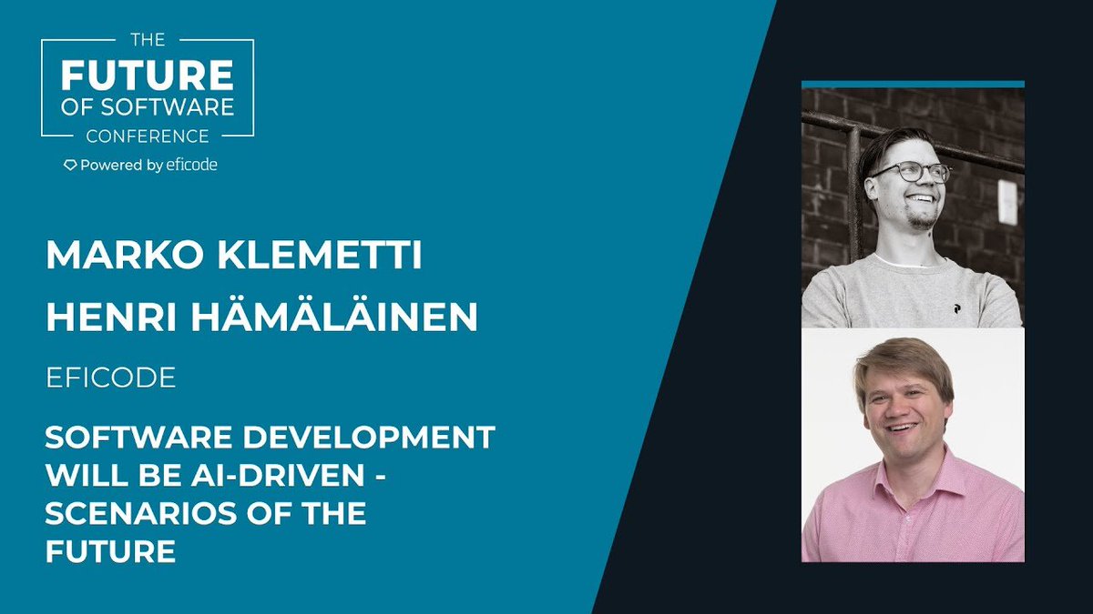 Eficode's tweet image. At the #FutureofSoftware, Henri and Marko explored the software development landscape through four scenarios that envisioned the industry&apos;s future.

Watch the full recording of their talk below:
efcd.co/3Z8t63T

#FSW2024 #AI