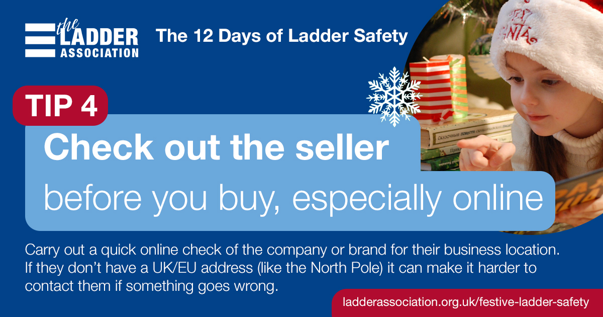 📣 Tip 4 of 12 - Check out the seller before you buy, especially online!
This festive season we’re reminding you to take extra care when buying ladders online with our ‘12 Days of Ladder Safety’ top tips! Take a look at our advice: ecs.page.link/VX15L 
#festiveladdersafety