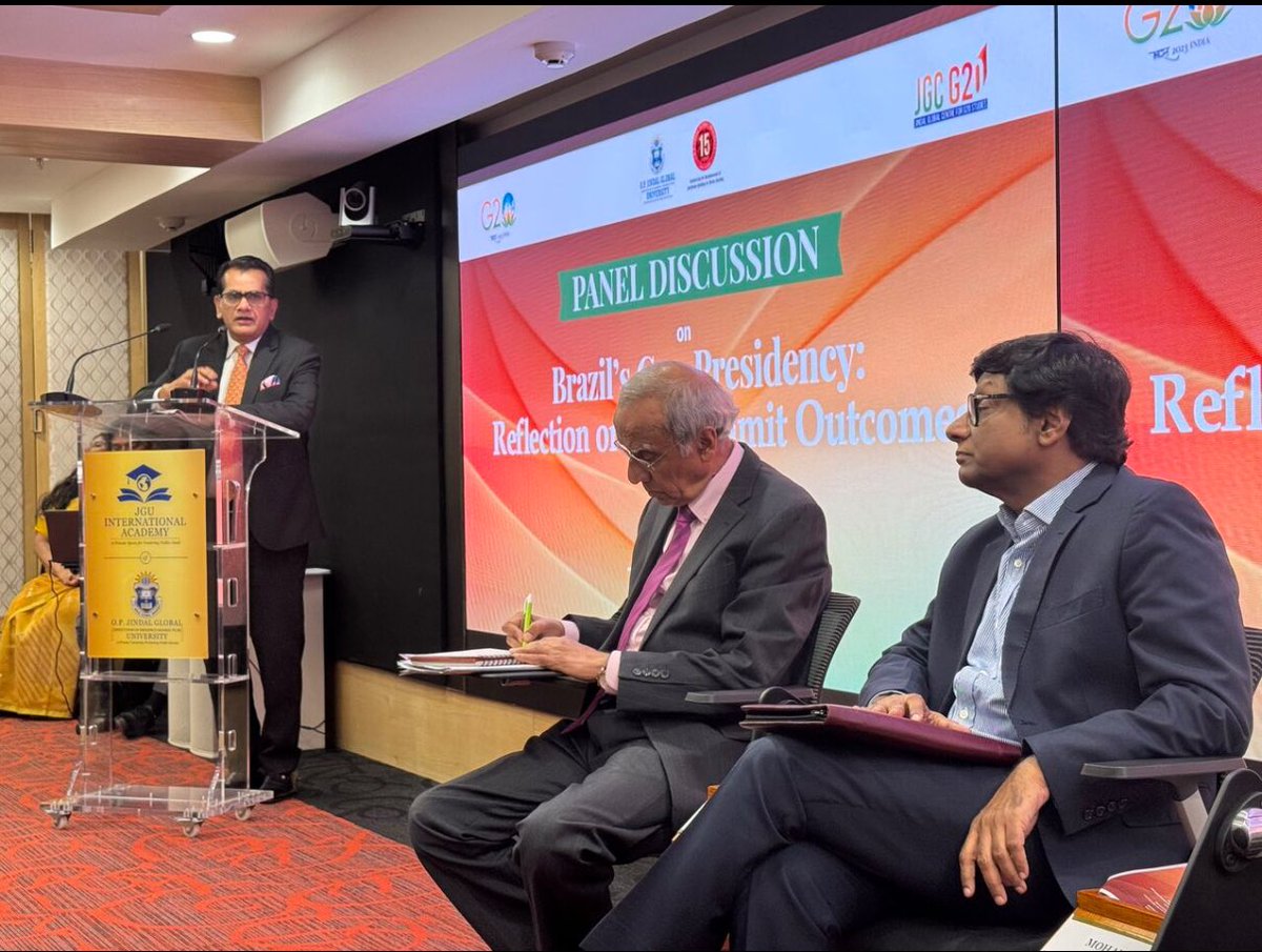 amitabhk87's tweet photo. Delighted to give my impressions at the Jindal Law University G20 Centre on the Summit Outcomes of the recently concluded G20 Summit in Rio. While complimenting #BraziI for its Presidency I highlighted the significant role played by India as a Troika member. I emphasised the need for Global South to pursue greater ambition on climate finance, debt and MDB reforms.
With the next presidency in South Africa’s hands, it is imperative to be ambitious and pursue action emerging from New Delhi and Rio Leaders’ Declarations. The voices of emerging markets must shape the collective future. @JindalLaw