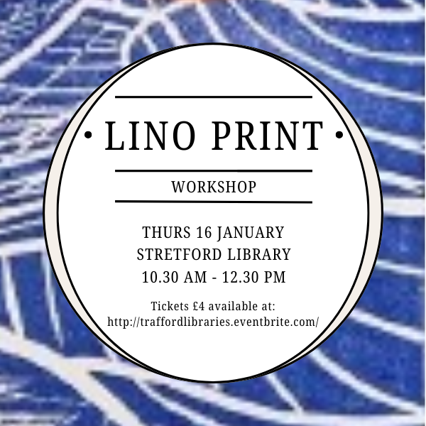 TraffLibraries's tweet photo. Join us for an introduction to lino-printing workshop with step by step guidance from artist @carolinecoates 

Suitable for all adult beginners. All materials provided.

📍 Stretford Library, Thursday 16 January, 10.30 am – 12.30 pm
🎫 Tickets £4 at https://t.co/cHMSWB9CY8 https://t.co/zUbPI9tiMb