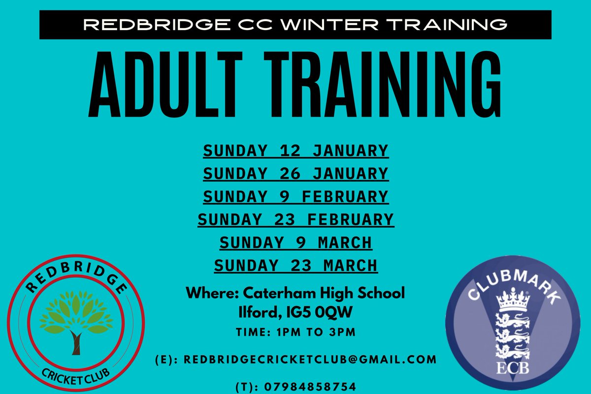 Redbridge Cricket Club (@redbridgecrkt) on Twitter photo Fortnightly indoor training (hardball nets) will start on Sunday 12 January 2025 and will continue till end of March.
For more information please contact us on 07984 85 87 54 or email us at RedbridgeCricketClub@gmail.com Fortnightly indoor training (hardball nets) will start on Sunday 12 January 2025 and will continue till end of March.
For more information please contact us on 07984 85 87 54 or email us at RedbridgeCricketClub@gmail.com