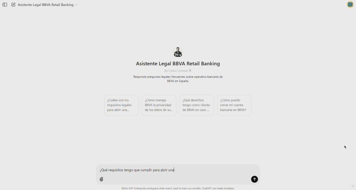 BBVA integra ChatGPT Enterprise y, en 5 meses, sus empleados crean  2900 agentes GPTs que reducen tareas de semanas a horas.
Ejemplos:
- ChatBot para responder consultas legales.
- Mejora del análisis de sentimientos en encuestas NPS.
- Automatizar evaluaciones de riesgos.