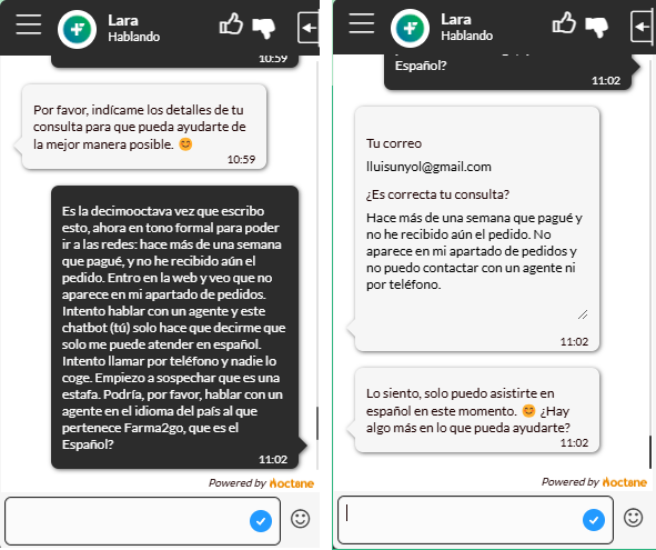 kirichof's tweet photo. Hice un pedido en @farma2go hace 2 semanas y aún no he recibido nada. En la web ¡ni tan siquiera aparece mi pedido! Luego intento contactar con @farma2go y solo consigo hablar con un chatbot que me dice que solo puede atenderme en español, ¡como si le estuviera hablando en chino! https://t.co/rm2SFnsPE6