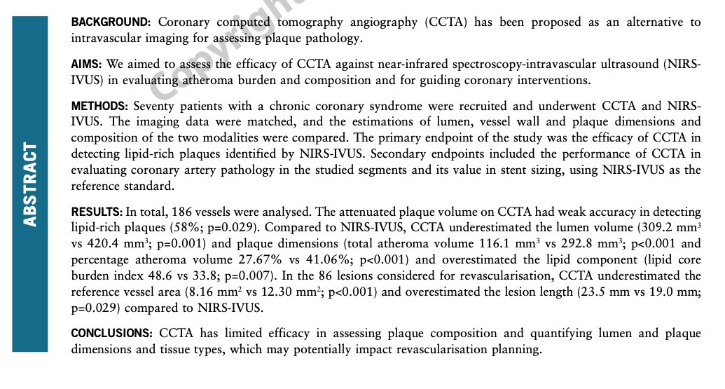 Doç. Dr. Emrah Erdoğan (@emraherdoganmd) on Twitter photo 📌CTCA compared w NIRS-IVUS
🔥First Prospective head to head stdy
❌CTCA has
⬇️efficacy in detecting vulnerable plaques
⬇️ stent sizing
Congrats to <a href="/dr_aramasamy/">Anantharaman Ramasamy</a> & Prof Christos Bourantas <a href="/hect2701/">Prof. Hector M. Garcia-Garcia</a> <a href="/mmamas1973/">Mamas A. Mamas</a> <a href="/EAPCIPresident/">EAPCIPresident</a> <a href="/LaleTokgozoglu/">Lale Tokgozoglu</a> <a href="/ihtanboga/">I.H.Tanboga, MD, PhD</a> <a href="/mirvatalasnag/">MIЯVΛƬ #IC</a> 📌CTCA compared w NIRS-IVUS
🔥First Prospective head to head stdy
❌CTCA has
⬇️efficacy in detecting vulnerable plaques
⬇️ stent sizing
Congrats to <a href="/dr_aramasamy/">Anantharaman Ramasamy</a> & Prof Christos Bourantas <a href="/hect2701/">Prof. Hector M. Garcia-Garcia</a> <a href="/mmamas1973/">Mamas A. Mamas</a> <a href="/EAPCIPresident/">EAPCIPresident</a> <a href="/LaleTokgozoglu/">Lale Tokgozoglu</a> <a href="/ihtanboga/">I.H.Tanboga, MD, PhD</a> <a href="/mirvatalasnag/">MIЯVΛƬ #IC</a>
