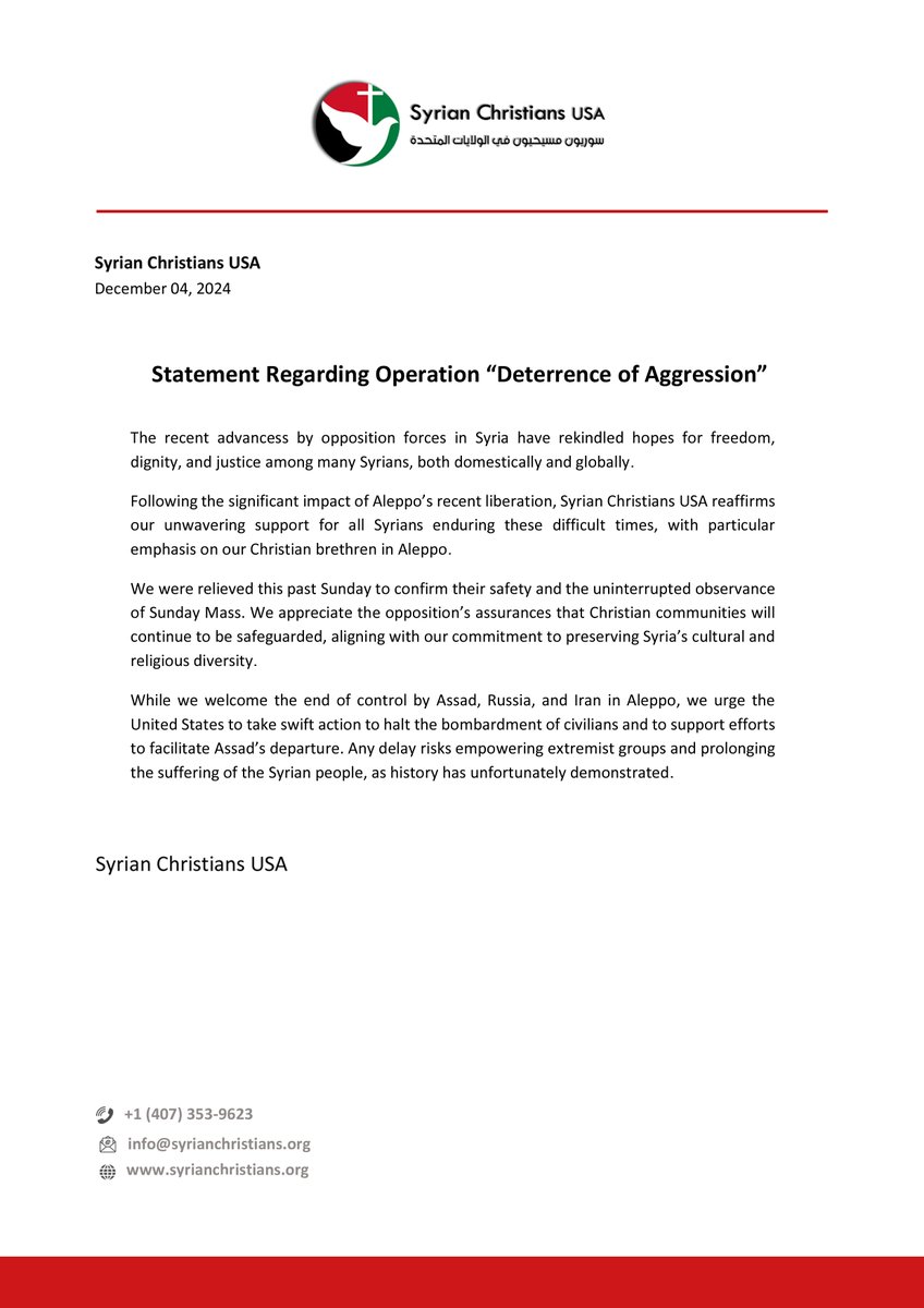 Syrian Christians USA Statement on Operation "Deterrence of Aggression"
#ردع_العداون #فجر_الحرية #الثورة_السورية_العظيمة #SyrianChristiansUSA #PeaceForSyria #DeterrenceOfAggression