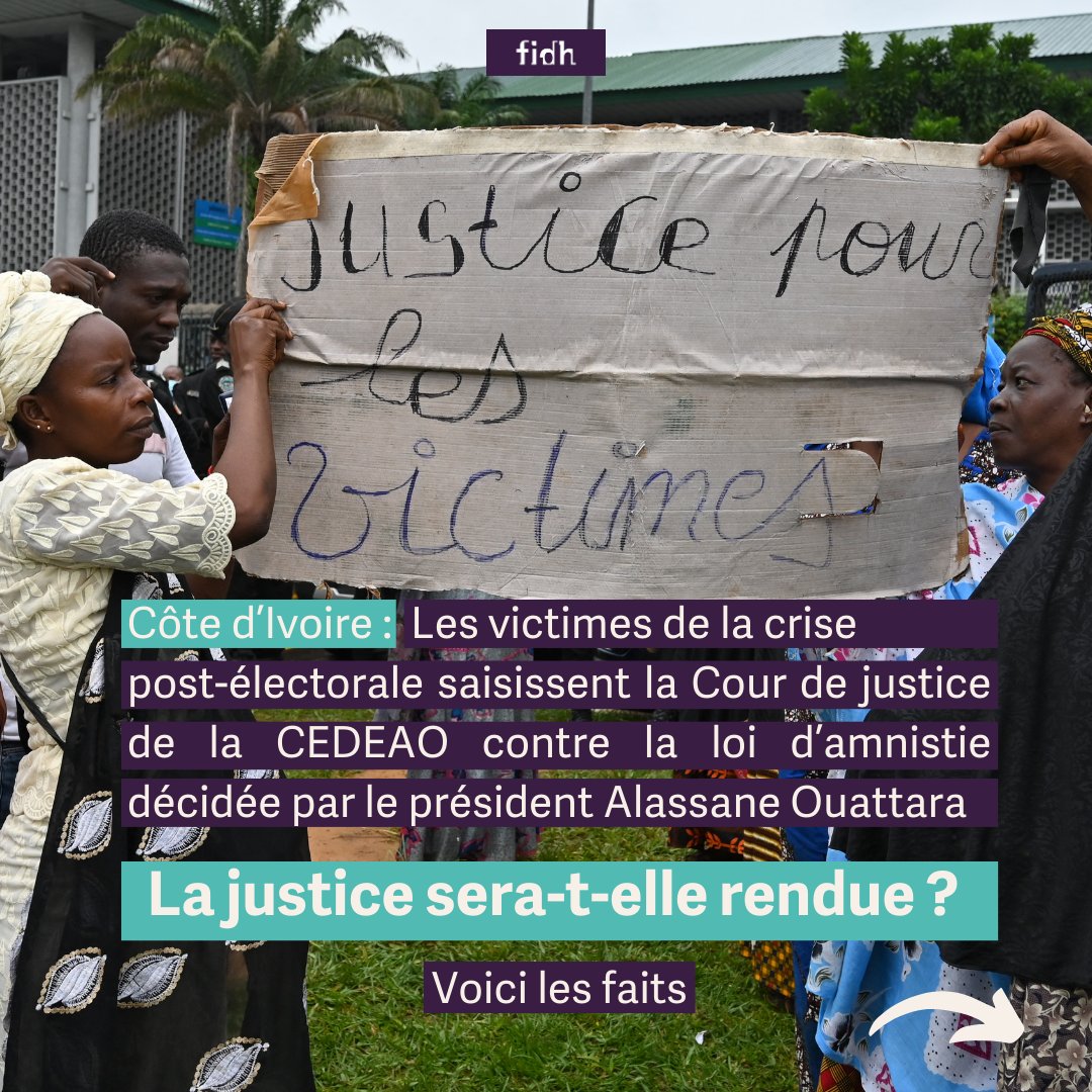 ⚖️🇨🇮#CotedIvoire : Aujourd'hui, la <a href="/fidh_fr/">FIDH</a> et ses organisations membres <a href="/OngLidho/">LIDHO ONG</a> et <a href="/midhciv/">MIDH</a> ont saisi la Cour de justice de la Communauté économique des États de l'Afrique de l'Ouest (CEDEAO) contre l’Etat de Côte d’Ivoire .

C’est au nom des victimes que les organisations