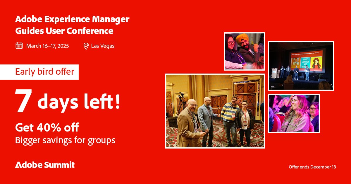AdobeTCS's tweet image. One week to go! These #EarlyBird tickets are your gateway to #TechnicalContent management excellence. Save BIG now and join us for @Adobe Experience Manager Guides User Conference.
aem-guides-user-conference.com
#ContentStrategy #TechnicalCommunication #CCMS #AEMGuidesUserConference