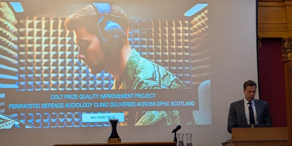 MilitaryH_BMJ's tweet photo. 📢 Maj Grant Milne presents his QI project: A Peripatetic Defence Audiology Clinic in DPHC Scotland.

This initiative tackles NHS wait times for Gold Standard Audiograms, enhancing deployability for service personnel in Scotland. 🎧🩺

#Colt24 #RCI #DefMedResearch https://t.co/ubc88pL4Oi