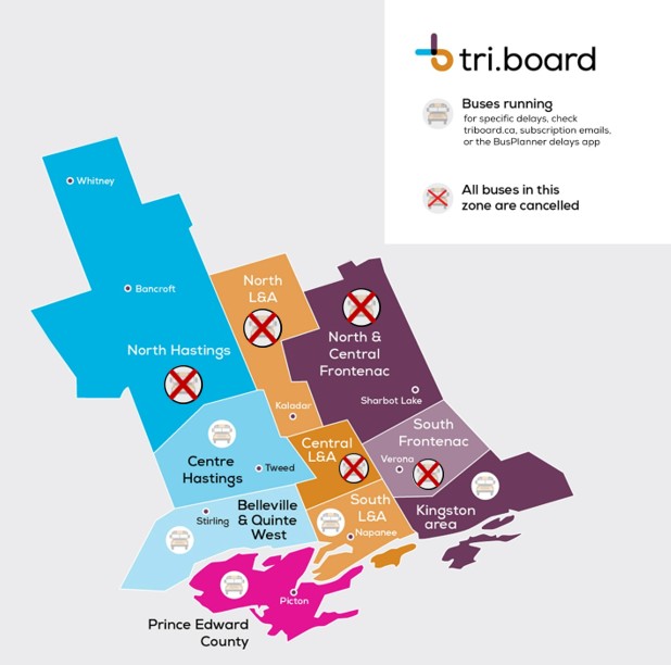 December 5, 2024: 

Due to snow received overnight, transportation is cancelled in some of Tri-Board’s central and northern weather zones today. 

Buses may be cancelled in other zones based on local conditions. 

1/2