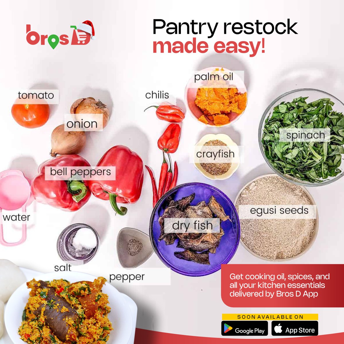 BrosDAPP's tweet image. Pantry restock made easy! ✅ Order your favorite cooking oil, spices, and staples through Bros D App. Delicious meals like Egusi Soup are just a click away. 🛒 #ThursdayEssentials #BrosDApp #FreshGroceries