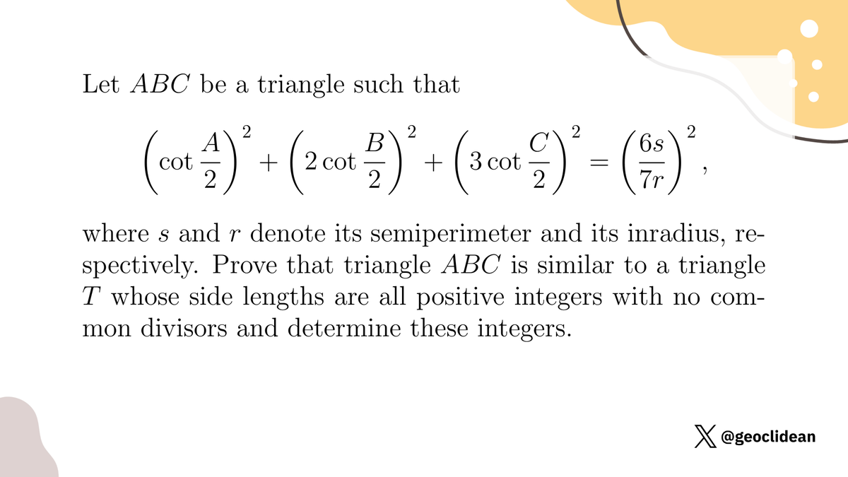 geoclidean's tweet photo. USAMO 2002 Problem 2
#AMC #USAJMO #USAMO #Geometry #Inradius #Inequalities https://t.co/e7JuVRAAdk