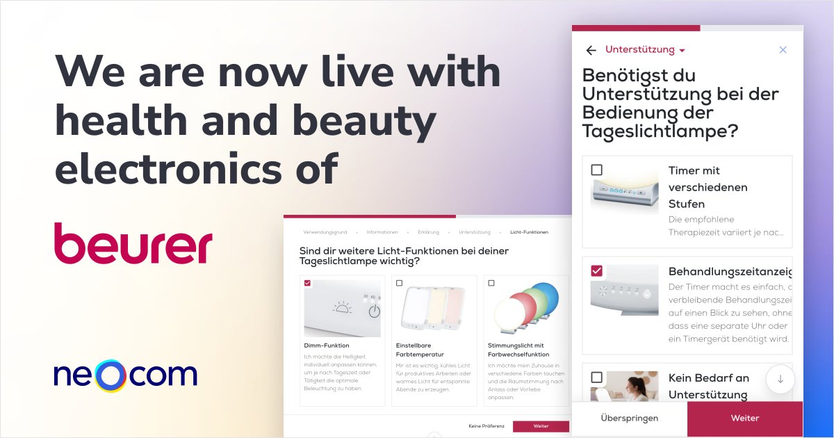 🌟 Go-Live Alert! 🌟

We’re thrilled to announce our newest partnership with beurer!🤩 

With Neocom, beurer now offers an intuitive way for customers to navigate through their amazing product lines and delivering personalized product recommendations.

#GoLive #eCommerce