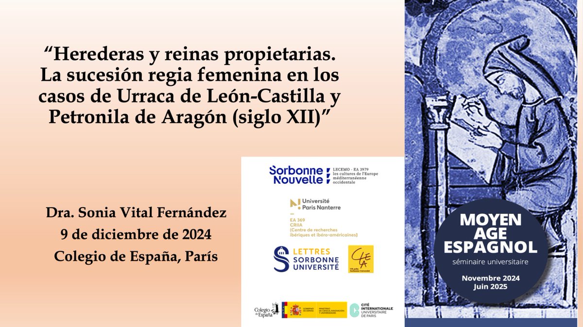 Me hace mucha ilusión contaros que el próximo 9 de diciembre participaré como ponente invitada en Seminario Universitario "Moyen Âge espagnol" en el <a href="/CdE_Paris/">Colegio de España - Paris</a>  

No podía imaginar un cierre de año profesional mejor.

#medievalismo  #sigloXII #mujeresdepoder #EdadMedia