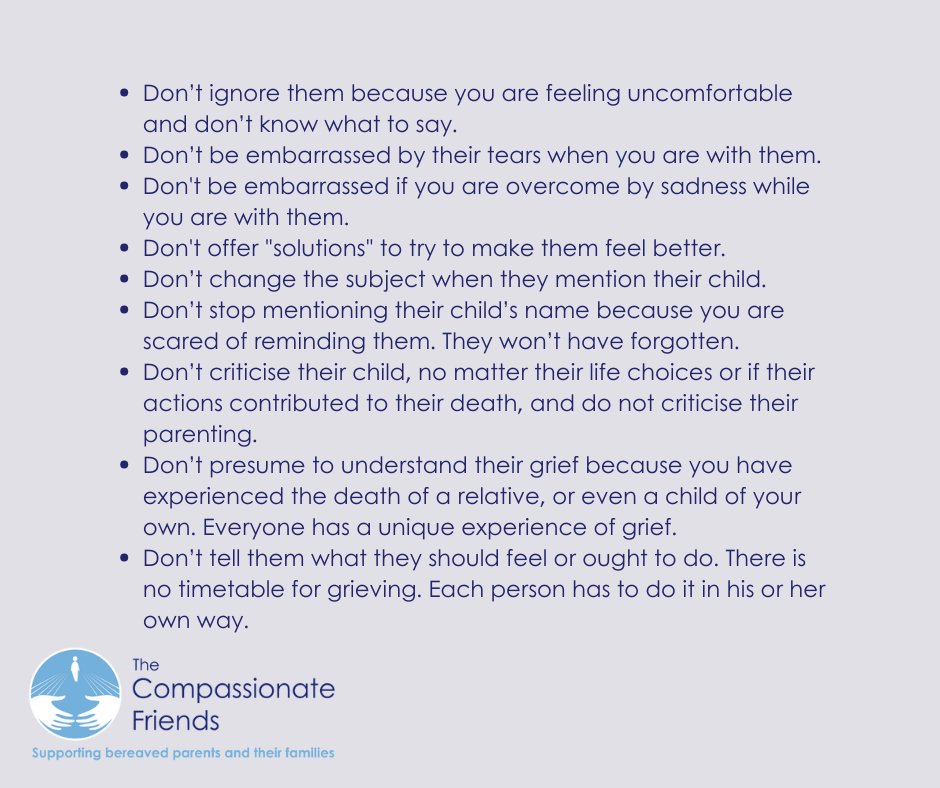 TCFcharityUK's tweet photo. How can those around us be 'grief aware'?
'Helping bereaved parents: suggestions for family and friends' offers guidance on how best to help your grieving loved ones.
Read the full leaflet here: https://t.co/vS6RV3li3e…
#NationalGriefAwarenessWeek https://t.co/mA706SSZPR