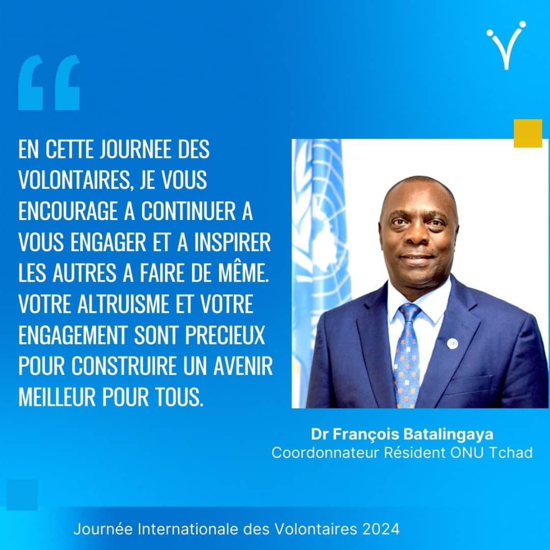 OnuTchad's tweet image. Aujourd&apos;hui, 5 décembre, c&apos;est la Journée internationale des Volontaires #IDV2024. En ce jour, le Coordonnateur résident des Nations Unies et Humanitaire, salue et remercie tous les volontaires pour leur dévouement.