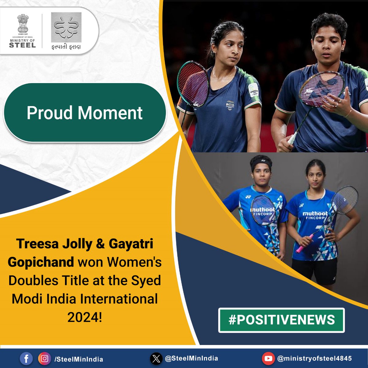 SteelMinIndia's tweet photo. The dynamic women's doubles pair of #TreesaJolly & #GayatriGopichand have clinched the Women's Doubles Title at the Syed Modi India International 2024 with an impressive straight-set win!🏸Congratulations, Treesa & Gayatri!👏
#PositiveNews #SyedModiInternational #DoublesTitle https://t.co/QkMx7K6c1B
