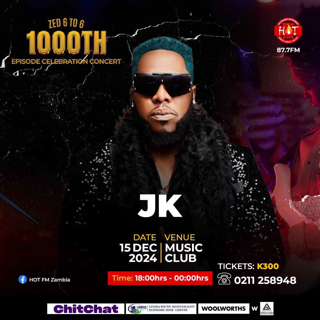 HotFMZambia (@hot877zambia) on Twitter photo When legends take the stage, history is made! We are thrilled to announce Jordan Katembula JK as part of the lineup for the Zed 6 to 6 1000th Episode Celebration Concert!
#Zed6to6 #Zed6to6Concert #Roadto1000 #HotFM When legends take the stage, history is made! We are thrilled to announce Jordan Katembula JK as part of the lineup for the Zed 6 to 6 1000th Episode Celebration Concert!
#Zed6to6 #Zed6to6Concert #Roadto1000 #HotFM