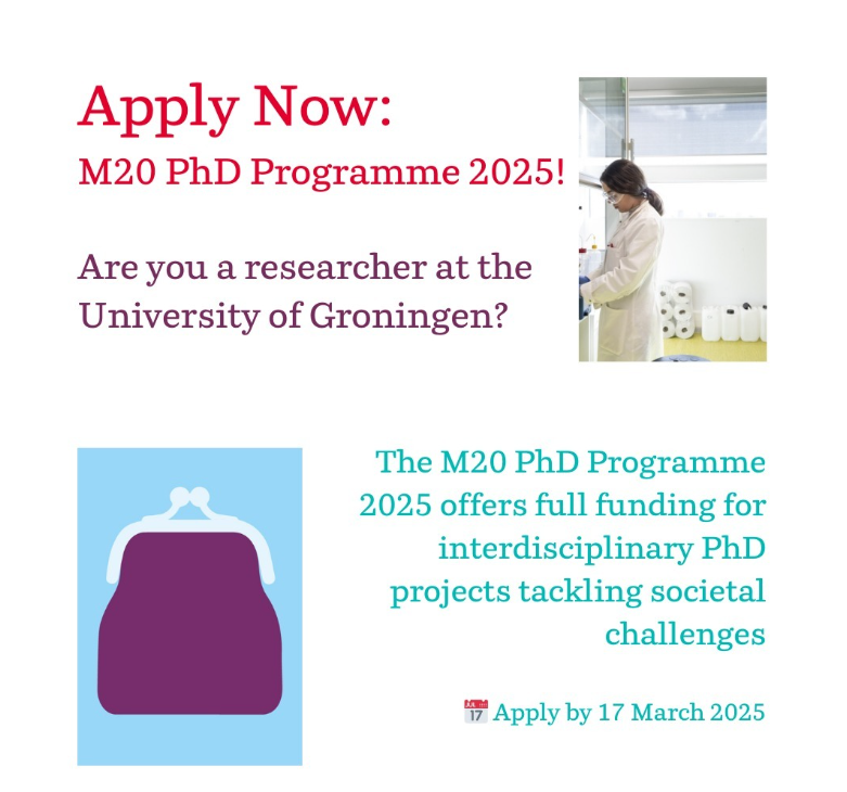 🎓 RUG Researchers: The Ubbo Emmius Fund (UEF) invites you to apply for the M20 PhD Programme 2025!

💡 Full funding, interdisciplinary collaboration, and a chance to tackle societal challenges.

📅 Apply by 17 March 2025.

▶️ More info:  tinyurl.com/yc49vrff