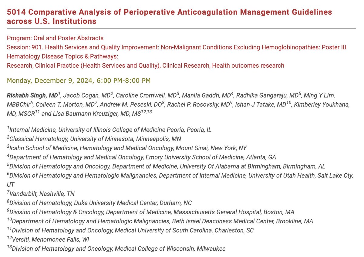 docrishabhsingh's tweet image. Poster 1: Comparing Perioperative Anticoagulation Management Guidelines across U.S. Institutions, working with Venous thromboEmbolism Network U.S #SBH group

📅 Monday, Dec 9, 2024 | 6:00–8:00 PM
📍 Session 901

#AnticoagulationStewardship
@heme_fan @RosovskyRachel @YoukhanaMD