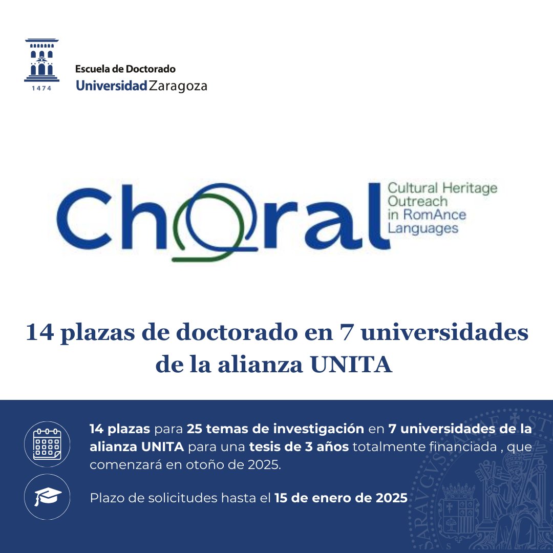📢 Convocatoria de 14 plazas de doctorado en 7 universidades de la alianza UNITA📢 
📅 Plazo de solicitudes hasta el 15 de enero de 2025

Más información: escueladoctorado.unizar.es/es/noticia/con…