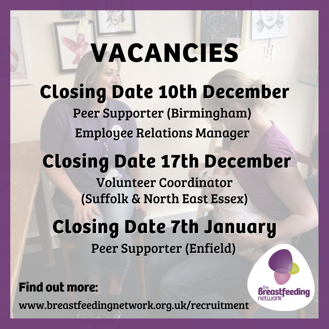 Are you passionate about breastfeeding support?

Whether you're suited to a support role or want to work in HR, we may have the role for you!

Why not apply today?

breastfeedingnetwork.org.uk/get-involved/r…