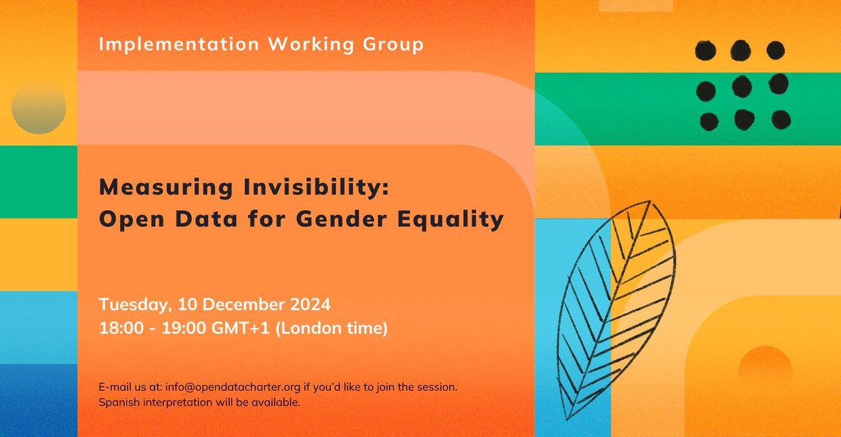 Open Data Charter (@opendatacharter) on Twitter photo 📢Join our last IWG session of the year: "Measuring Invisibility: Open Data for Gender Equality"!
📅Tuesday, 10 Dec at 6pm (London time), with:
🔹<a href="/felixkiprono_ke/">Felix Kiprono</a>, Odipo Dev
🔹<a href="/MarisaMiodosky/">Marisa Miodosky</a>, Gender data and gender equality policy specialist
🔹Krista Jones Baptista, <a href="/Data2X/">Data2X</a> 📢Join our last IWG session of the year: "Measuring Invisibility: Open Data for Gender Equality"!
📅Tuesday, 10 Dec at 6pm (London time), with:
🔹<a href="/felixkiprono_ke/">Felix Kiprono</a>, Odipo Dev
🔹<a href="/MarisaMiodosky/">Marisa Miodosky</a>, Gender data and gender equality policy specialist
🔹Krista Jones Baptista, <a href="/Data2X/">Data2X</a>